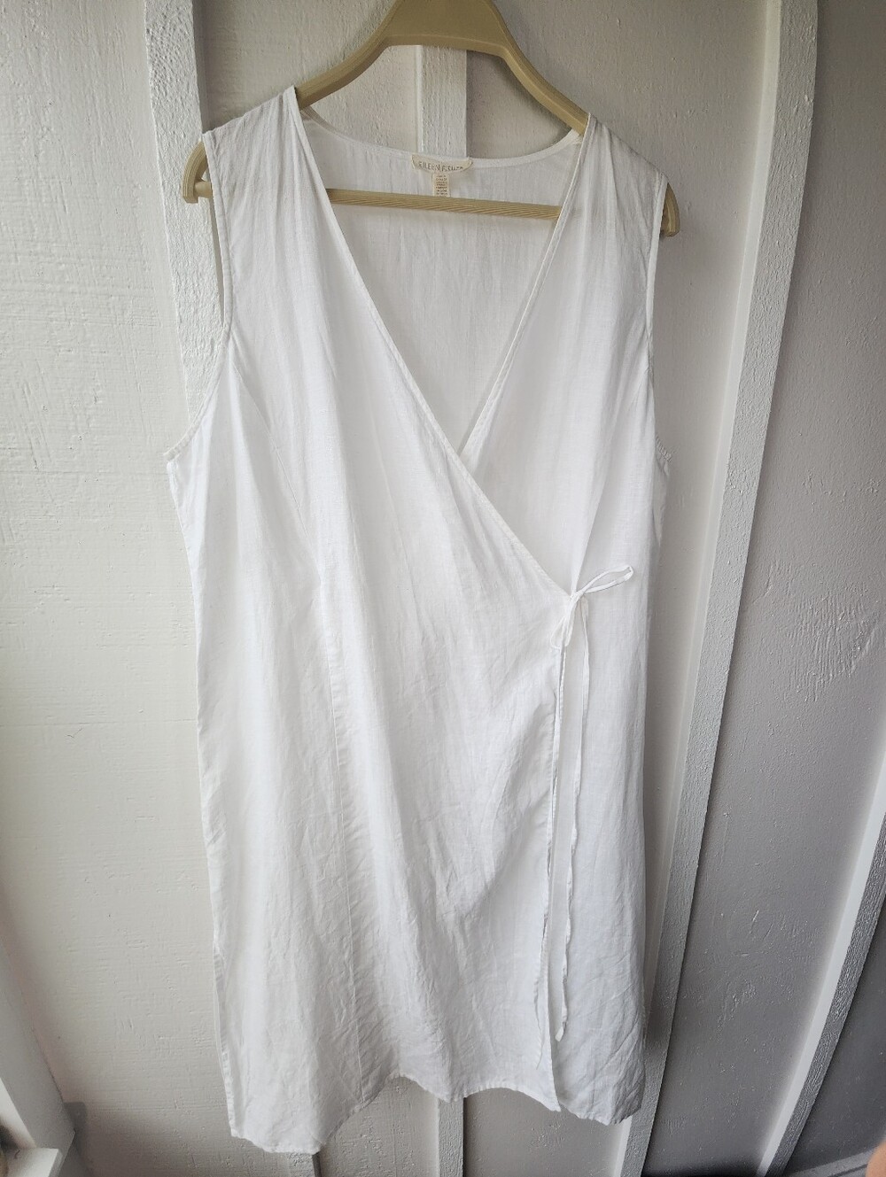 Eileen Fisher White Handkerchief Linen Wrap Tunic Top Vest Layering Dress Size L